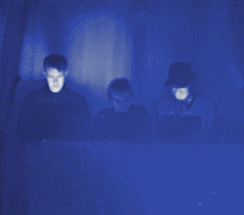 Three people in a blue photo with effects