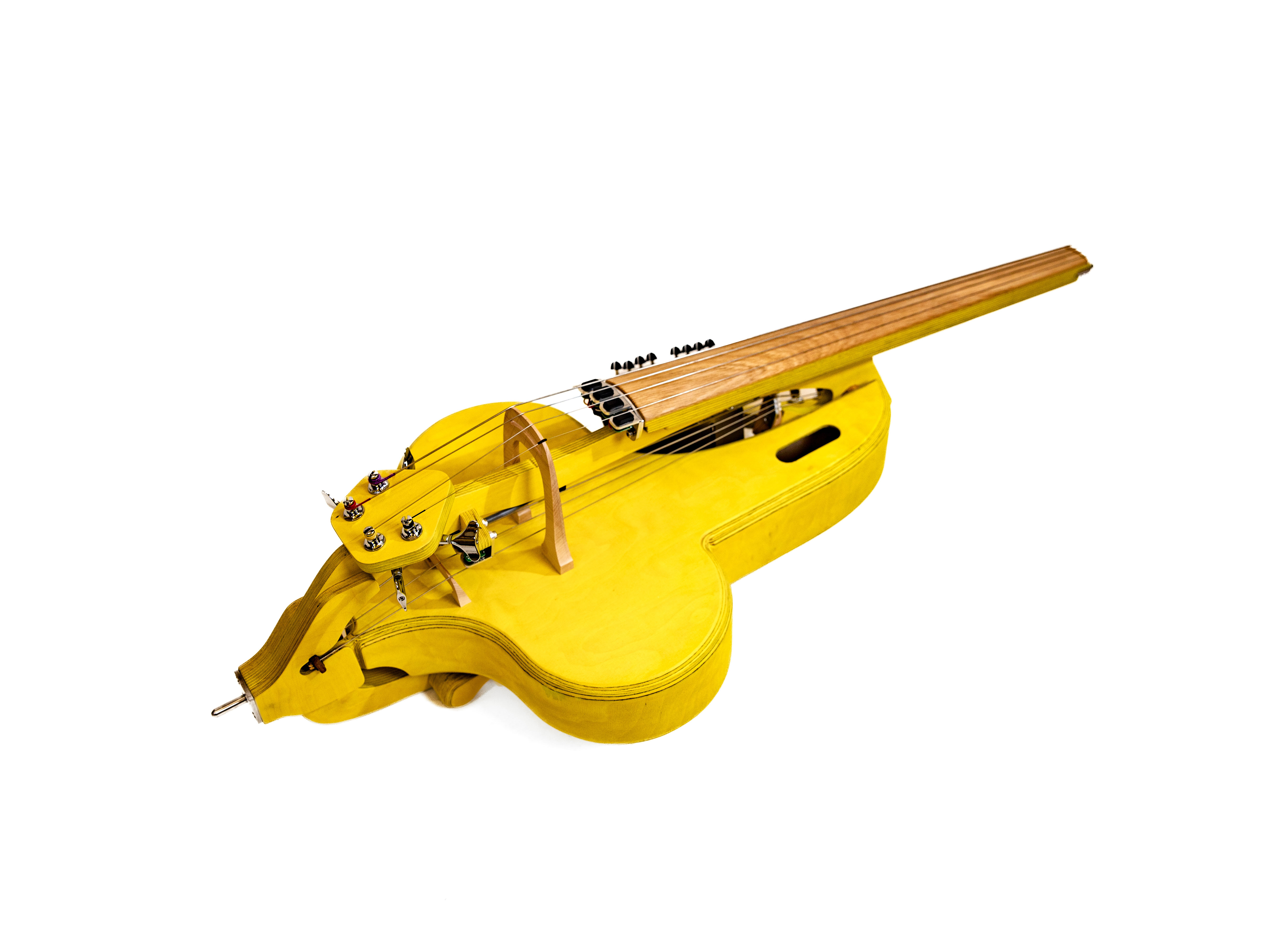 A yellow string instrument with feedback abilities