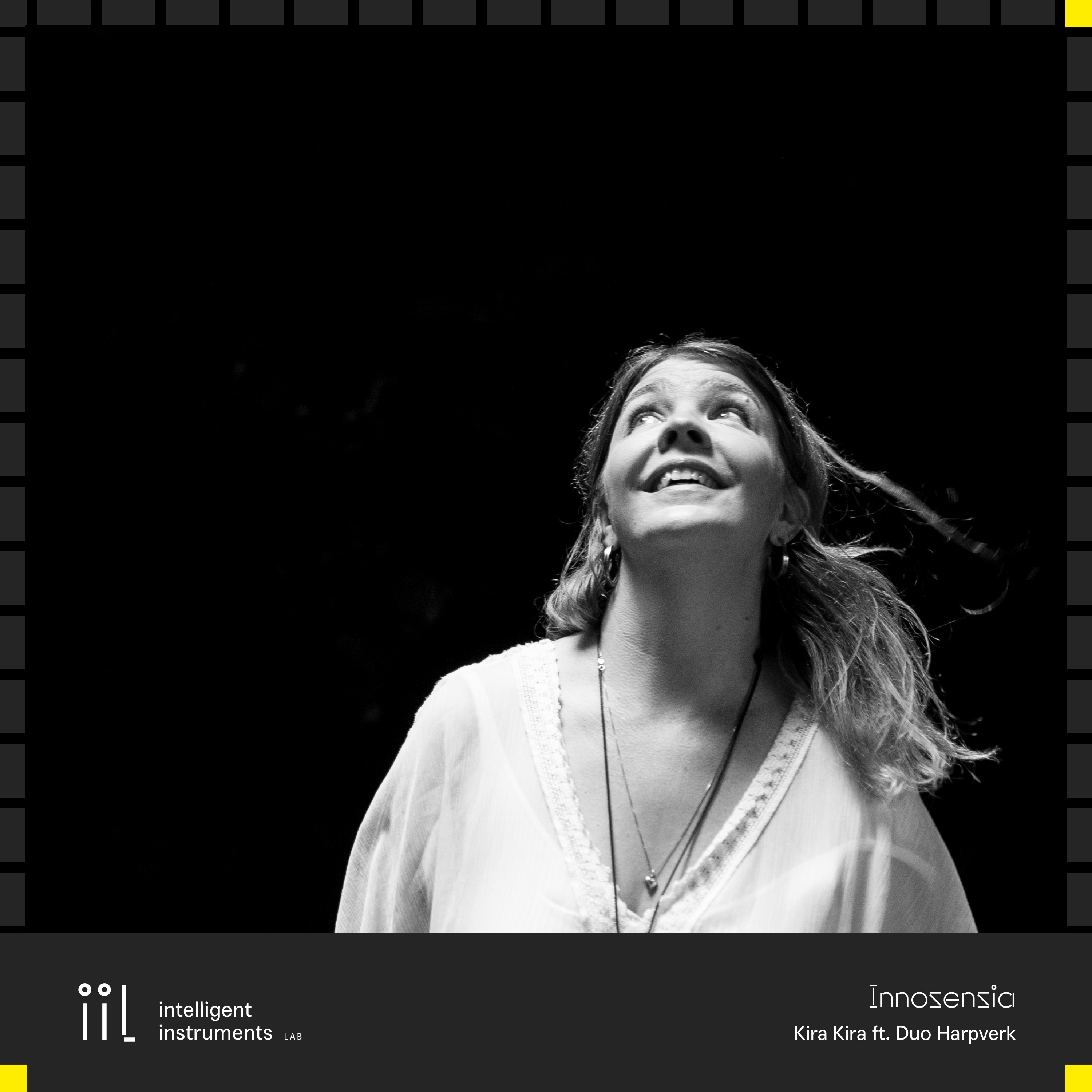 An album art work with a black and white photo of a young woman, text at the bottom saying Intelligent Instruments Lab, Innosensia, Kira Kira featuring Duo Harpverk
