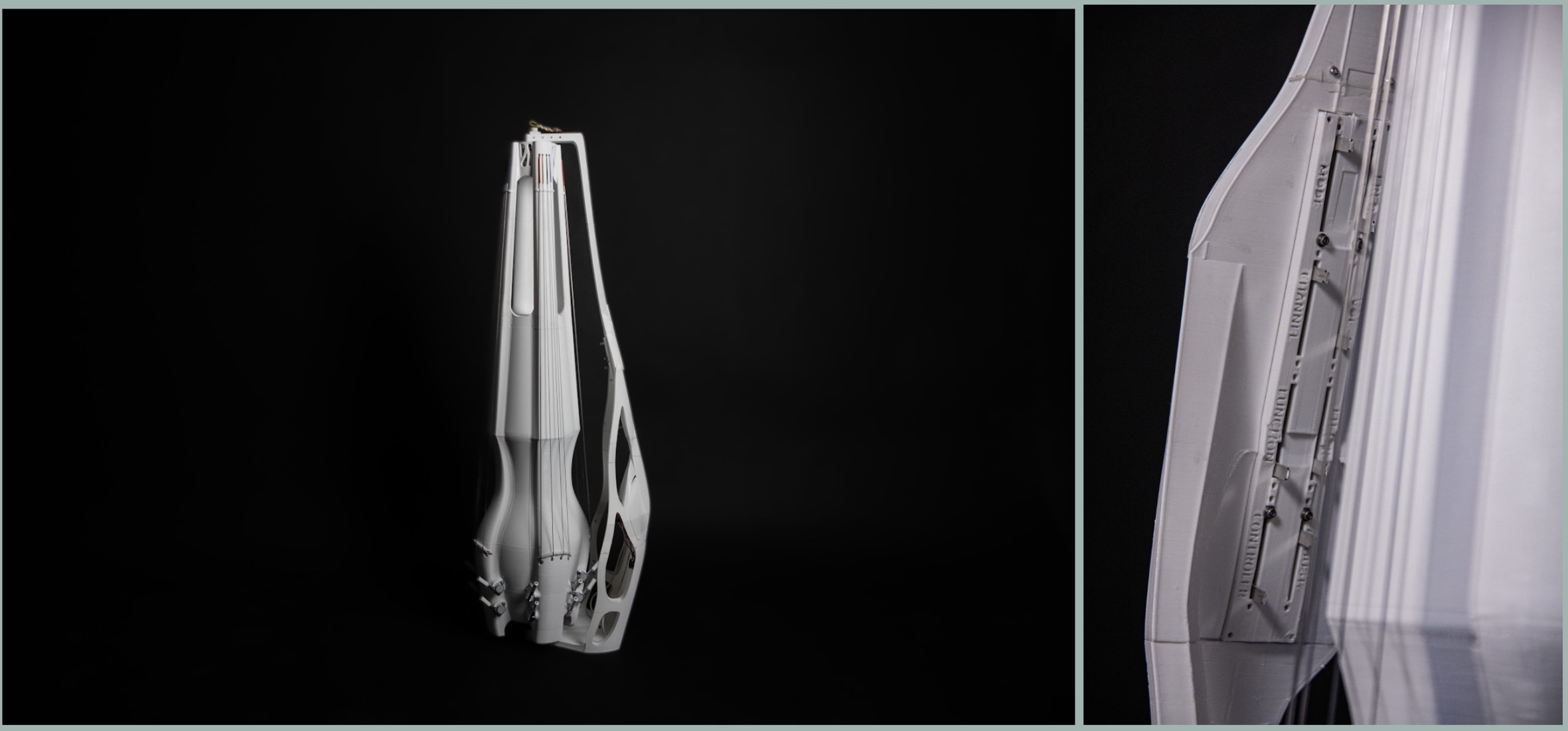 Two photographs of the knurl, a white upright string instrument. On the left the whole instrument is visible on a black background, on the right there is a close-up of the sliders.