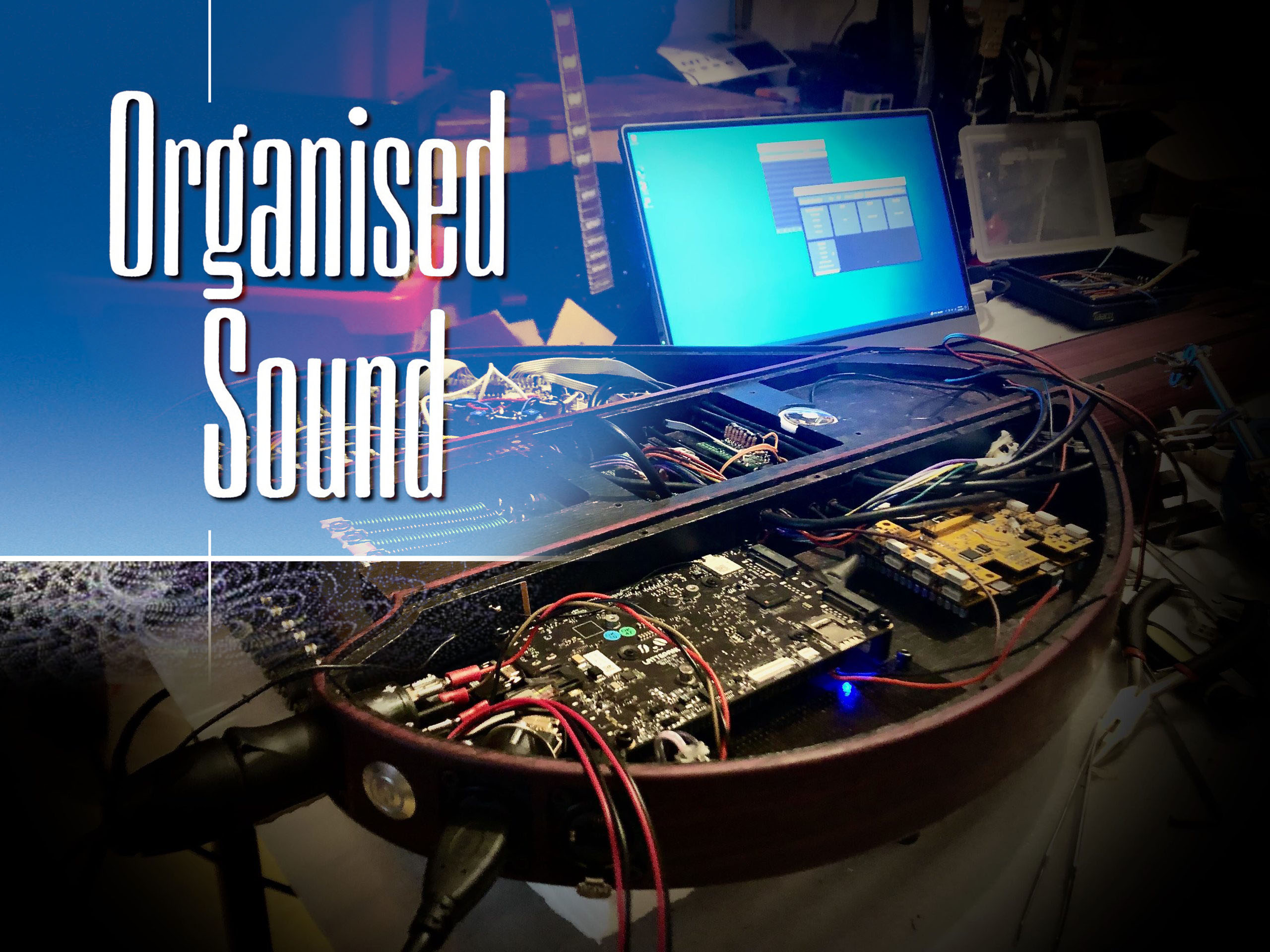 The logo of the Organised Sound journal next to the internals of the Sophtar, an electroacoustic instrument with an embedded computer