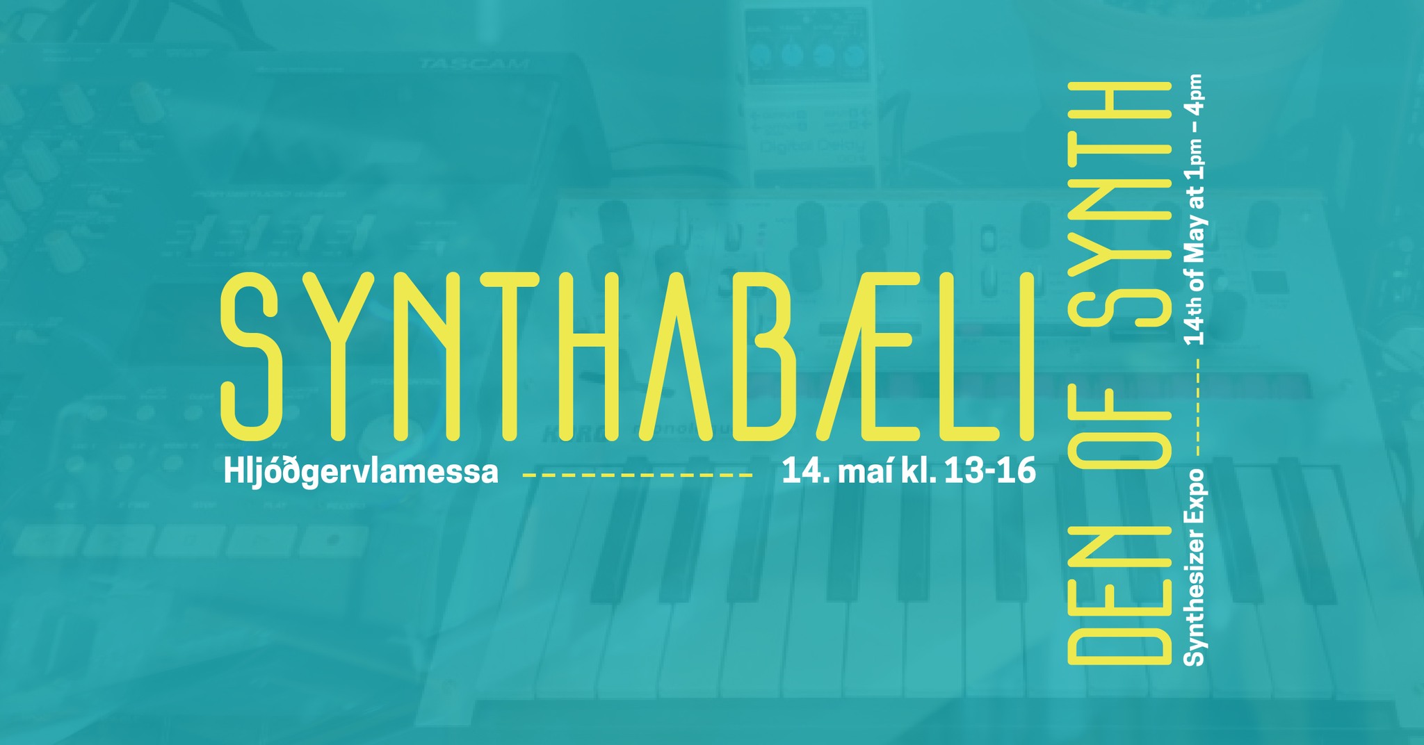 Promotional graphic for Synthabæli | Hljóðgervlamessa, 14 May, Reykjavik City Library..