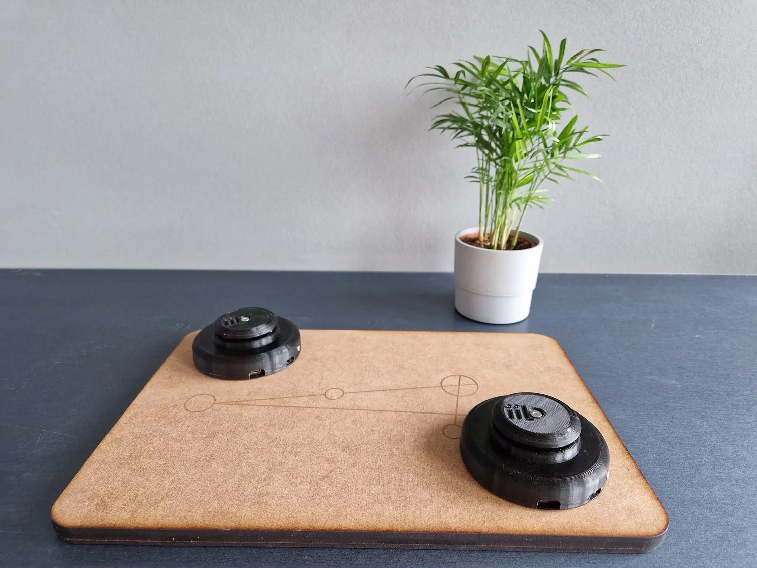 Two black pucks on a wooden palette with markings on it