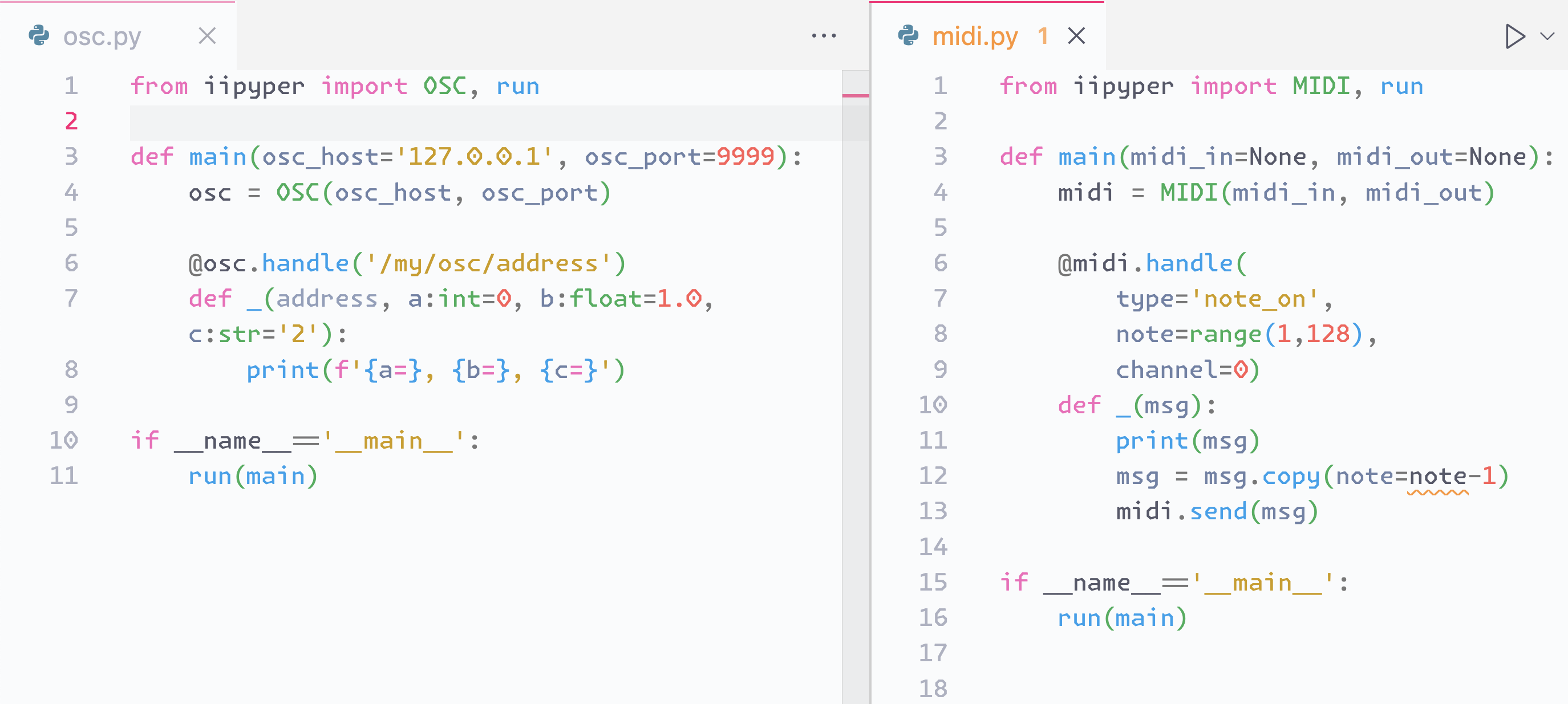 iipyper OSC and MIDI examples.