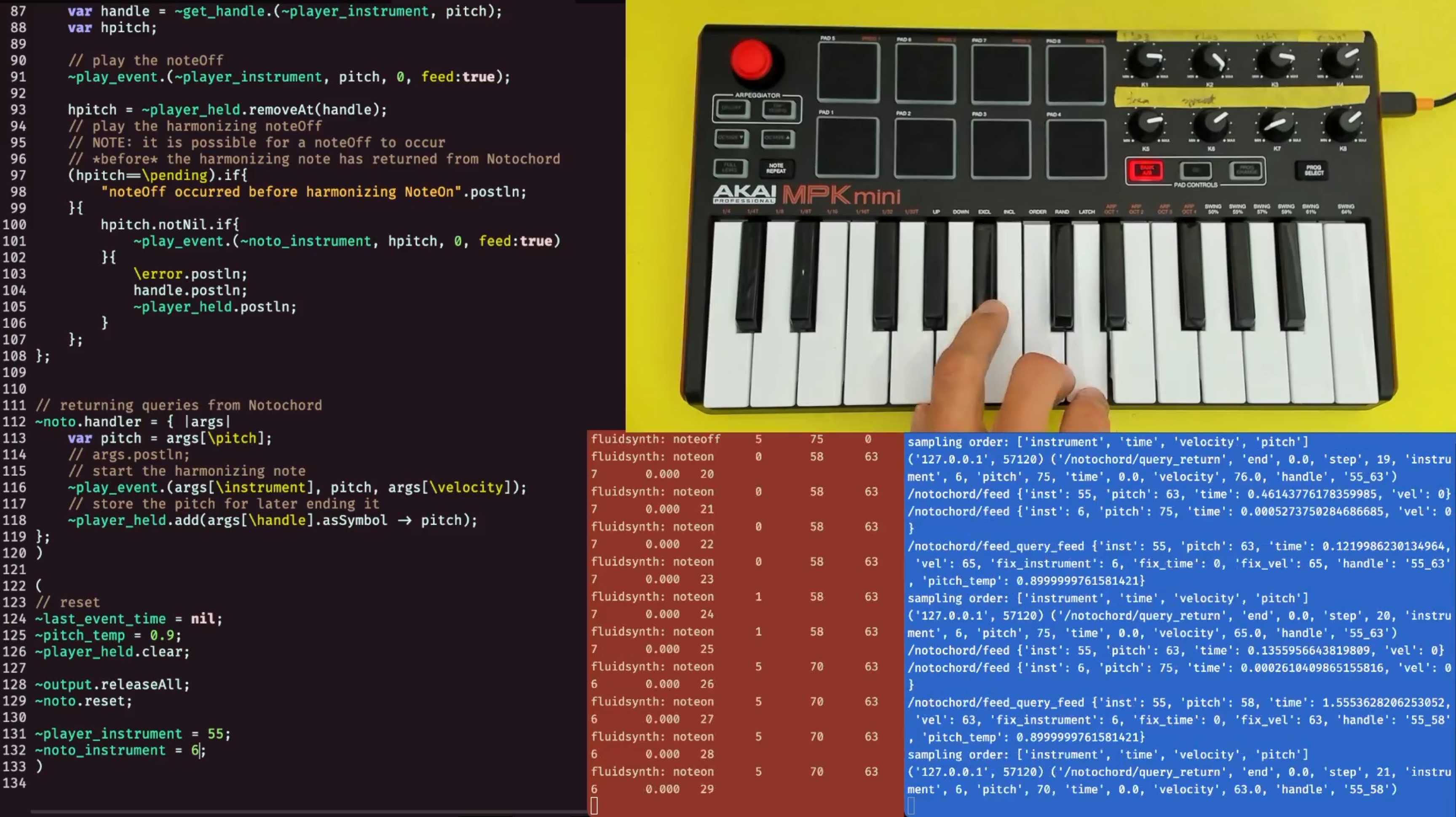 A screenshot of multiple code windows and video capture of a hand playing on a MIDI controller.