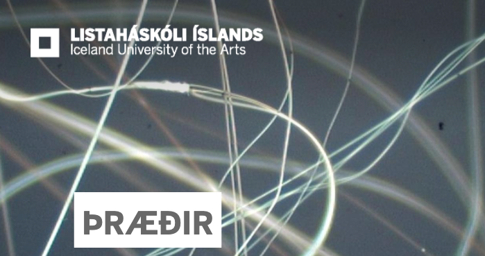A photo of graphics from Thraedir web page. At the top it says Listaháskóli Íslands Iceland University of the Arts and at the bottom it says Þræðir. In the background, chaotic threads with motion blur.